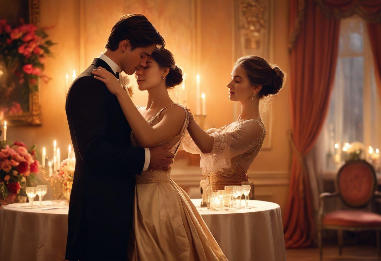 A captivating scene of two elegantly dressed individuals engaging in a dance, surrounded by soft candlelight and rich fabrics, symbolizing allure and intimacy. Subtle hints of floral arrangements and delicate wine glasses enhance the romantic atmosphere. The warm color palette radiates a sense of passion and connection, inviting the viewer to explore the theme of sensuality. painting. soft lighting. rich colors.
