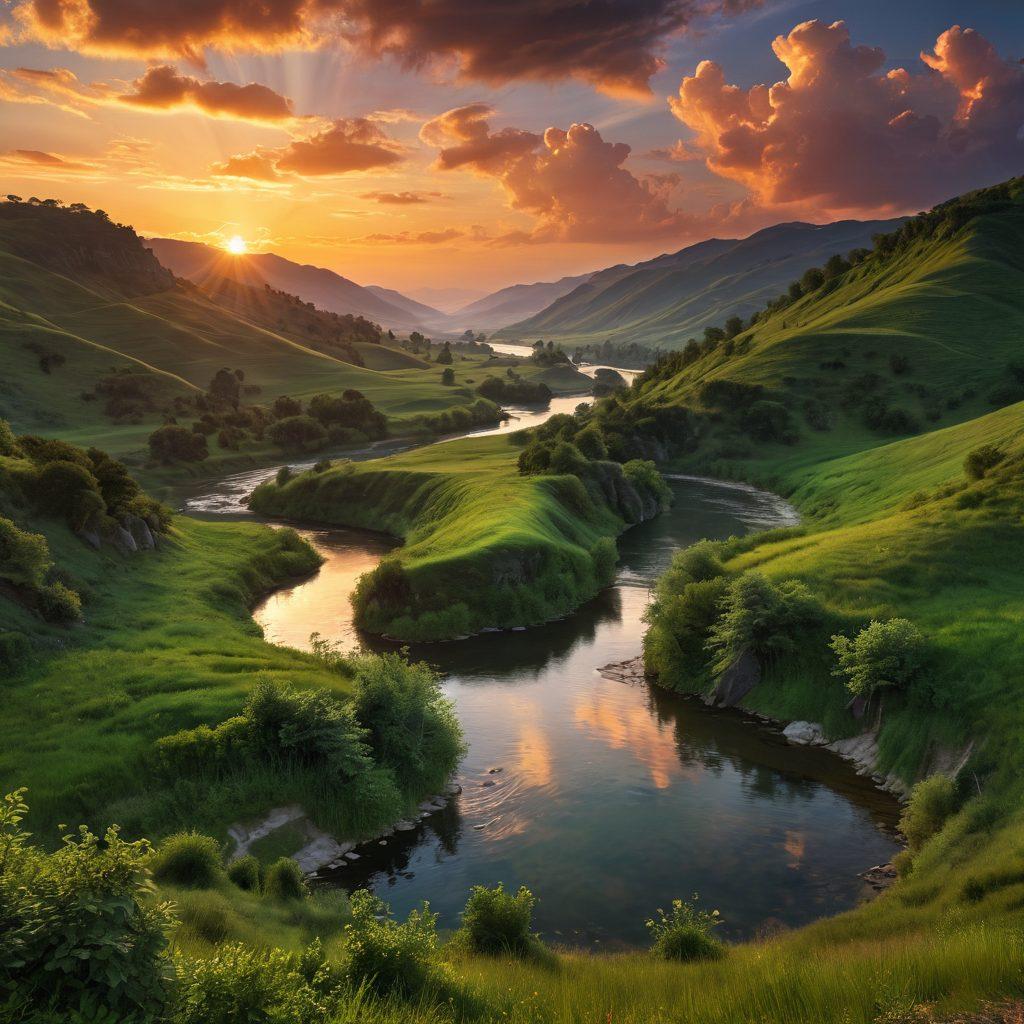 A serene sunset over a winding river, symbolizing romance and passion, with soft silhouettes of a couple intertwined in a loving embrace on a picturesque hilltop. Lush green landscapes surround them, while subtle heart-shaped clouds float above. The scene should evoke warmth and intimacy, inviting viewers into the magic of love. super-realistic. vibrant colors. 3D.